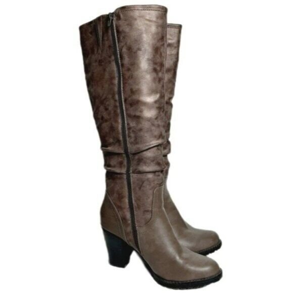 TENDER TOOTSIES Knee High Heel Ruched Distressed Finish Boots Taupe Gray Sz 11 - Picture 6 of 10